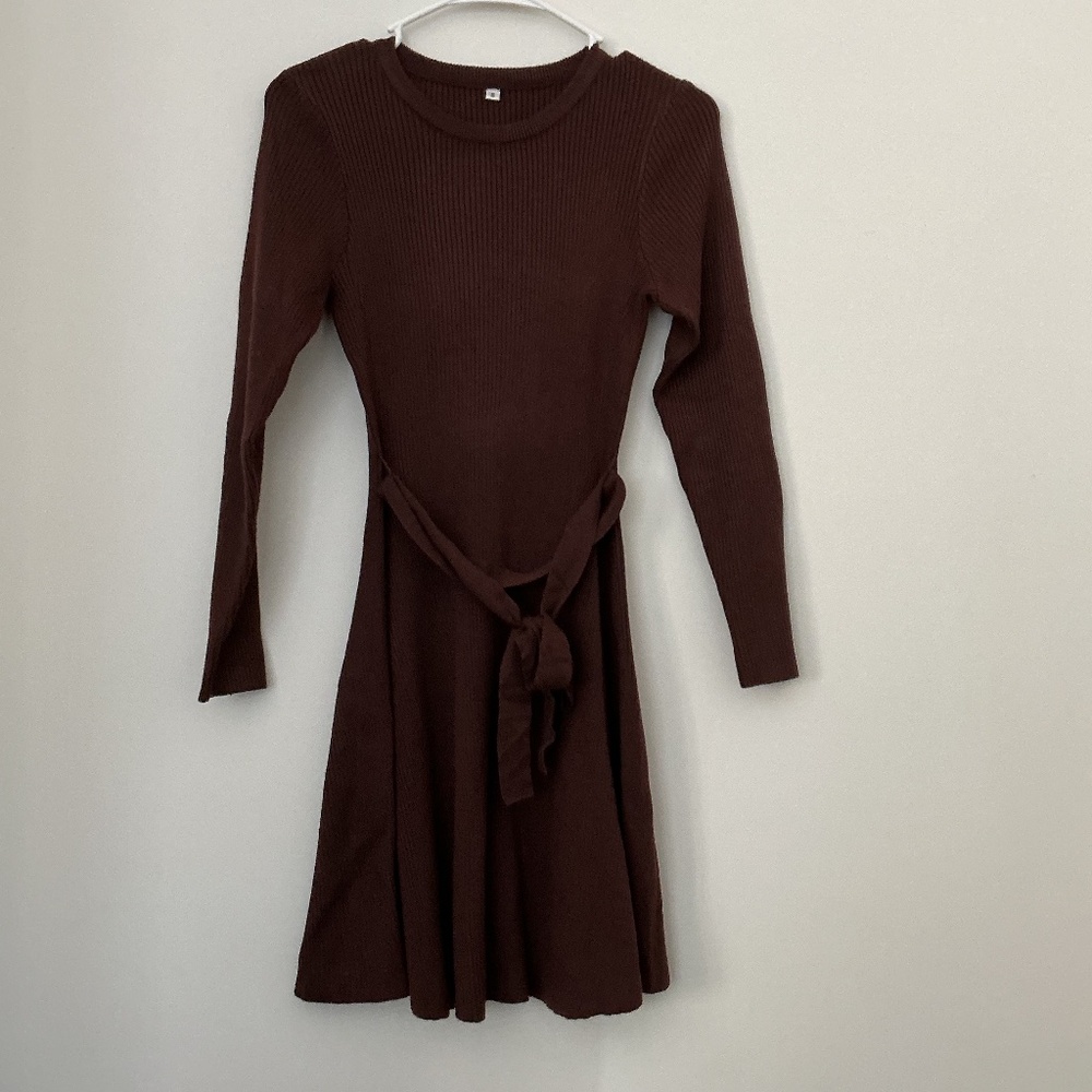 Share Women's Long Sleeve Knit Round Neck Short Sweater Dress With Waist Tie Siz